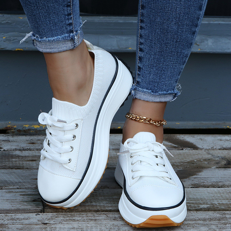 Casual Round Toe Knitted Stretch Cross Strap Platform Shoes Sneakers