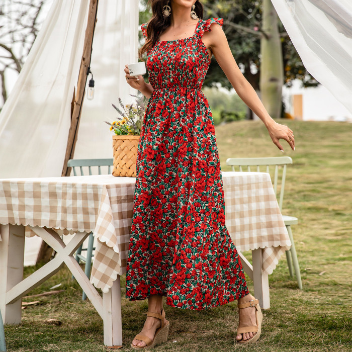 Summer New Sling Square Neck Long Dress Women's Red Printed Waist Maxi Dresses