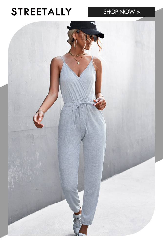 Sports And Leisure V-neck Sleeveless New Solid Color Suspender Jumpsuit Suit