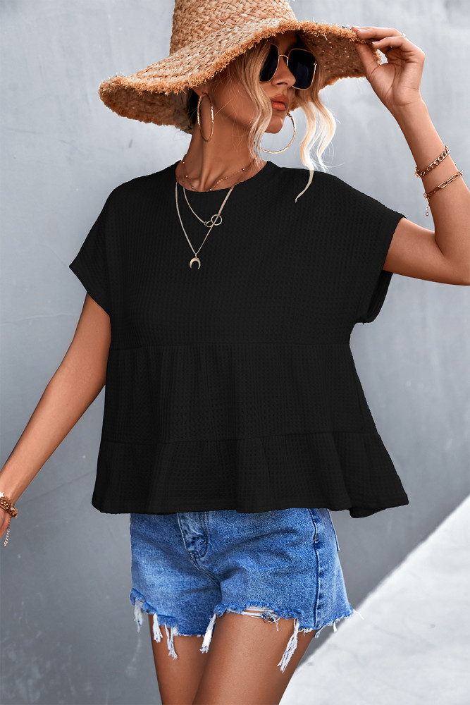 New Waffle Round Neck Buttoned Short Sleeve Stitching Women's Top T-Shirts