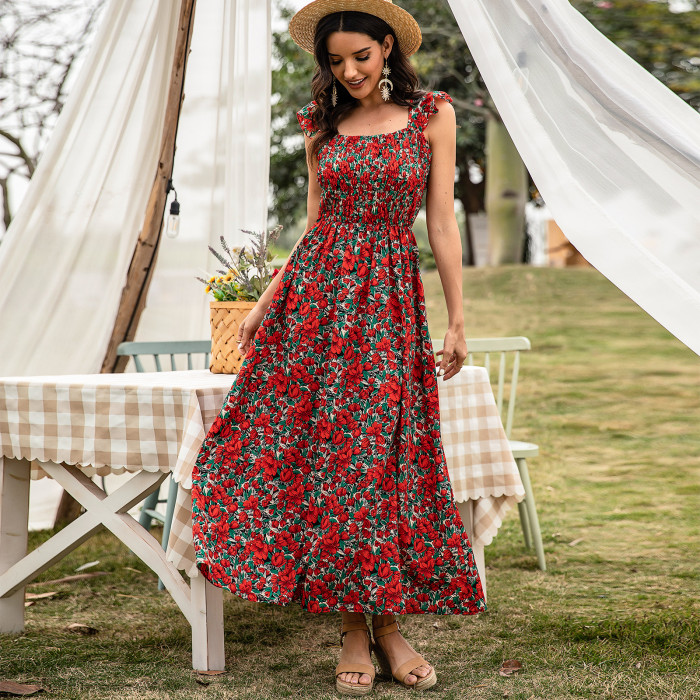 Summer New Sling Square Neck Long Dress Women's Red Printed Waist Maxi Dresses