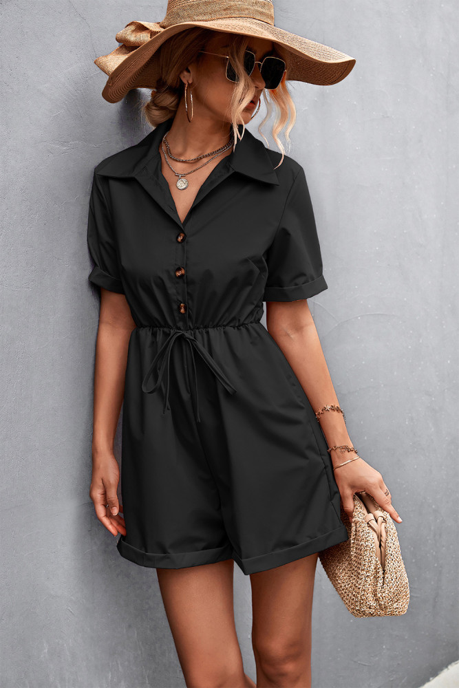 Fashion Casual Solid Color Shirt Collar Short Sleeve Lace Up Shorts Rompers