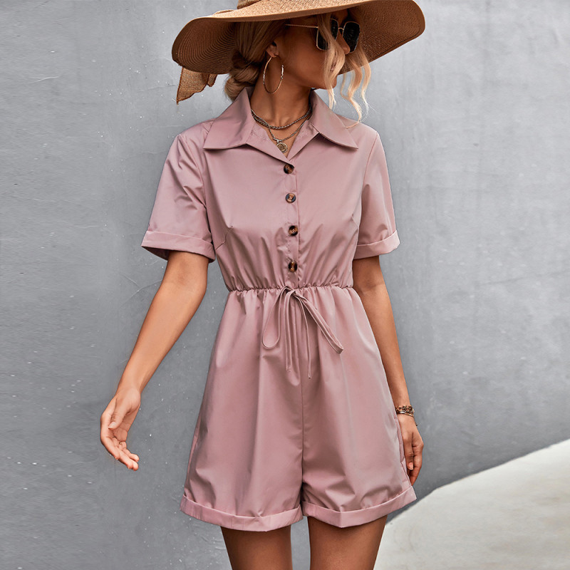 Fashion Casual Solid Color Shirt Collar Short Sleeve Lace Up Shorts Rompers