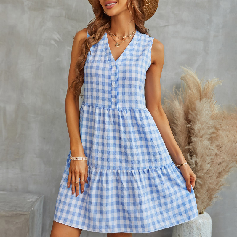 New V Neck Skirt Fashion Plaid Sleeveless Dress Casual Dresses