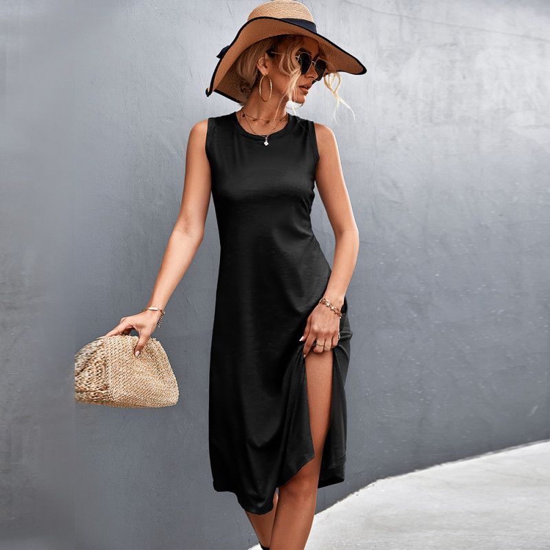 Classic Elegant Fashion Solid Color Sleeveless Slit Dress Women Maxi Dresses