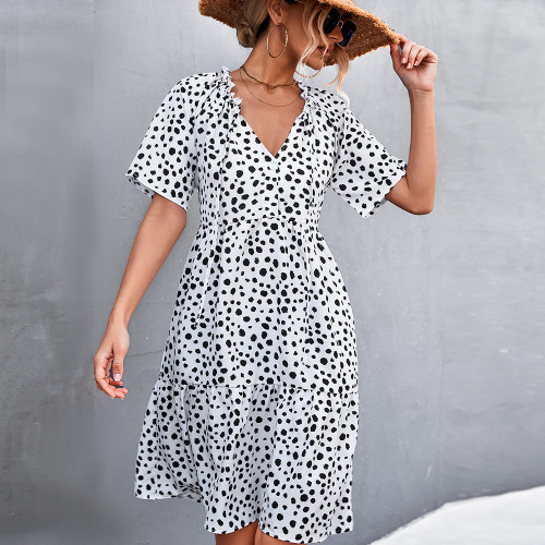 Printed Casual Ruffle V-Neck Tie Floral Polka Dot Casual Dresses