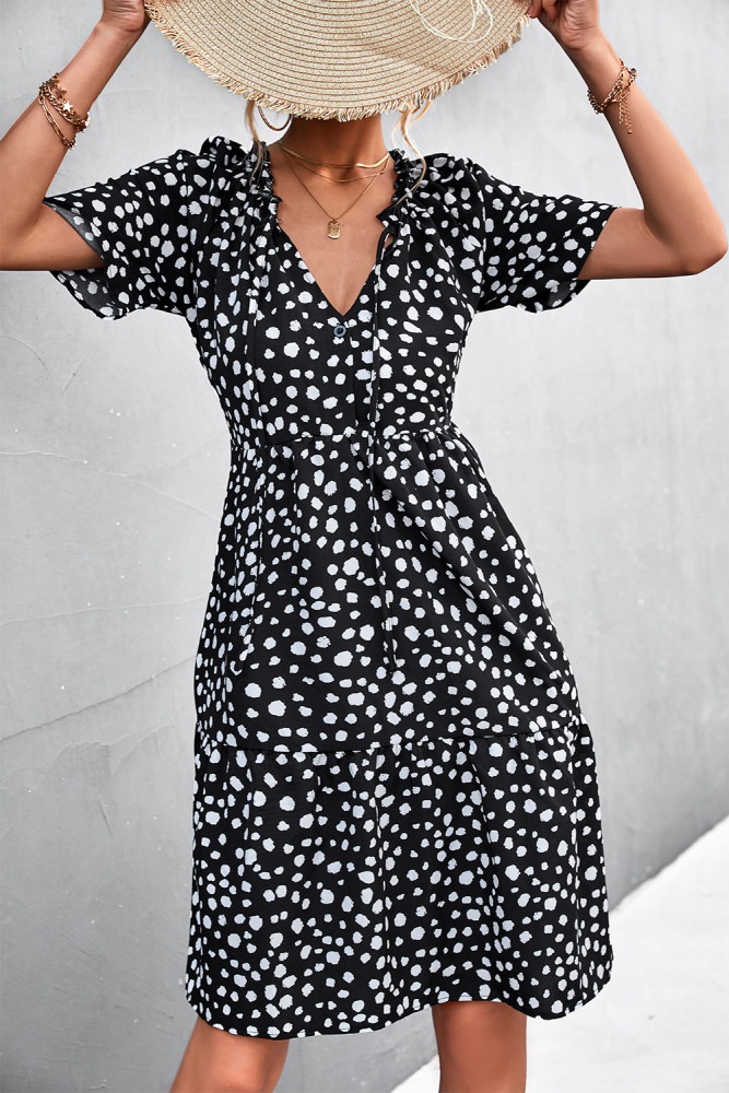 Printed Casual Ruffle V-Neck Tie Floral Polka Dot Casual Dresses