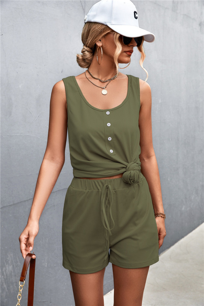 Women's Solid Color Basic U-Neck Button Shorts Casual Suit Two-piece Outfits