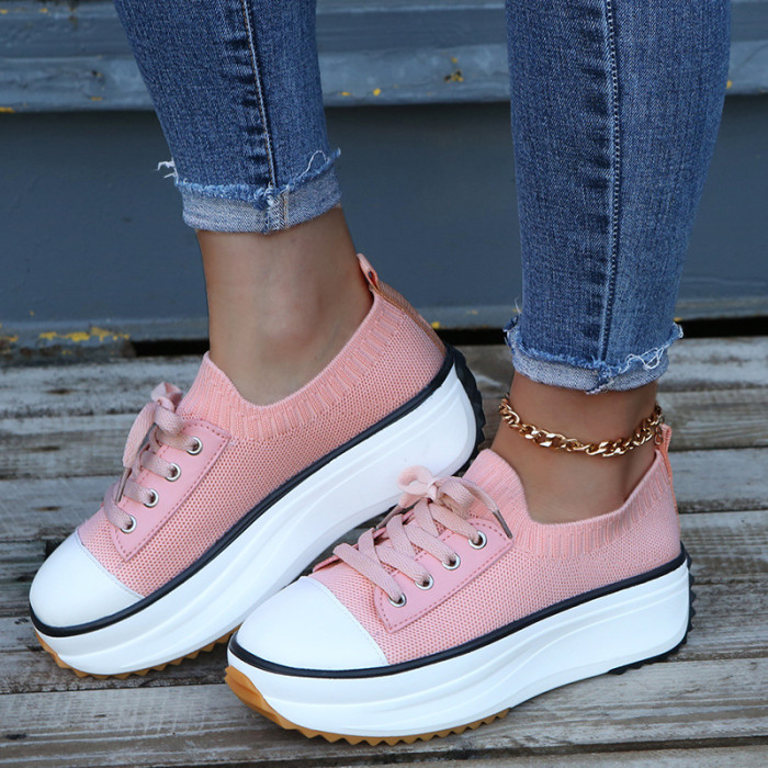 Casual Round Toe Knitted Stretch Cross Strap Platform Shoes Sneakers