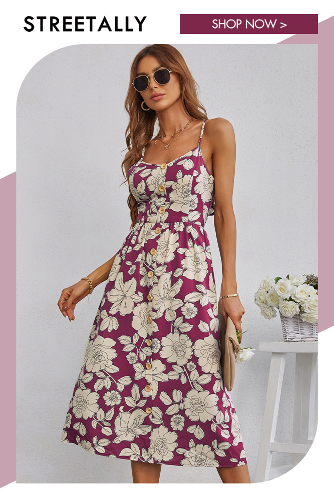 New Summer Print Slip Dress Fashion Single Breasted Backless Summer Dresses
