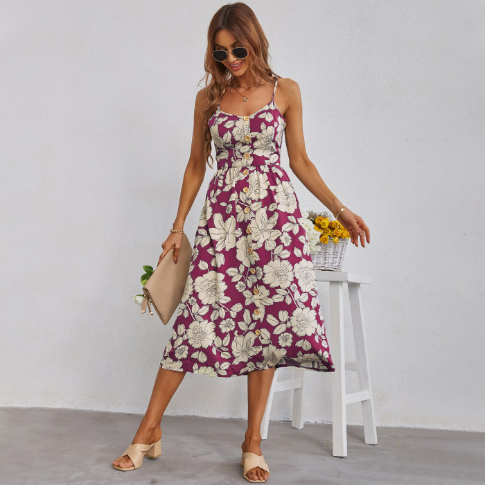New Summer Print Slip Dress Fashion Single Breasted Backless Summer Dresses