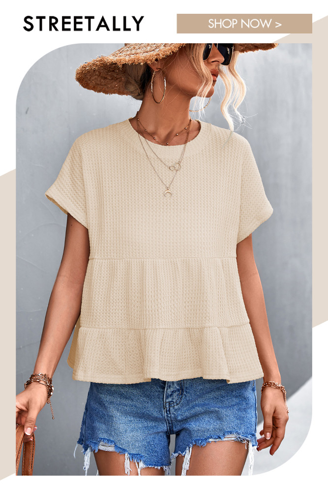 New Waffle Round Neck Buttoned Short Sleeve Stitching Women's Top T-Shirts