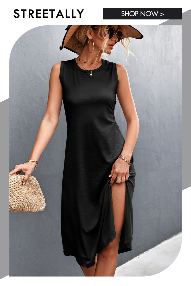 Classic Elegant Fashion Solid Color Sleeveless Slit Dress Women Maxi Dresses