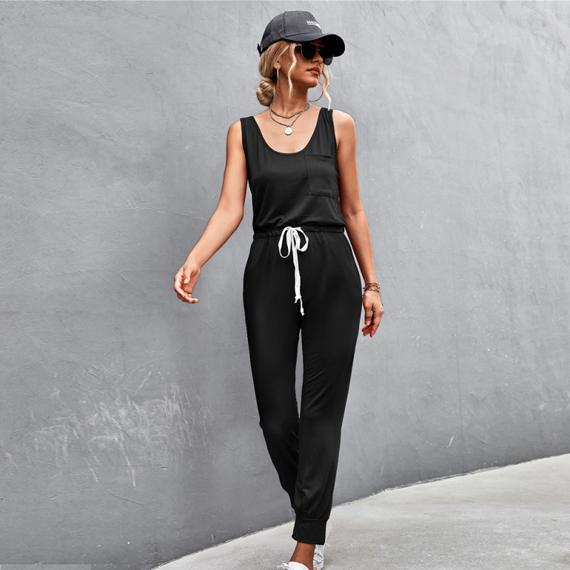 New Solid Color Sleeveless Backless Tie Vest Pocket Jumpsuit