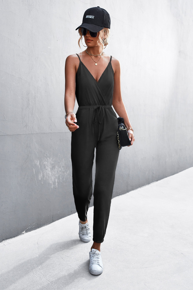 Sports And Leisure V-neck Sleeveless New Solid Color Suspender Jumpsuit Suit