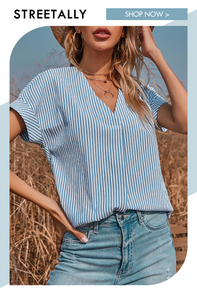 New V-Neck Striped Top Women's Blue Loose Slim Fit Blouse