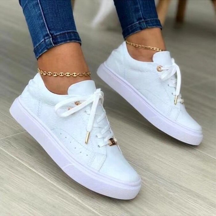 Casual Print Ladies Casual Shoes Front Lace Comfortable Breathable Upper PU Flat Sneakers