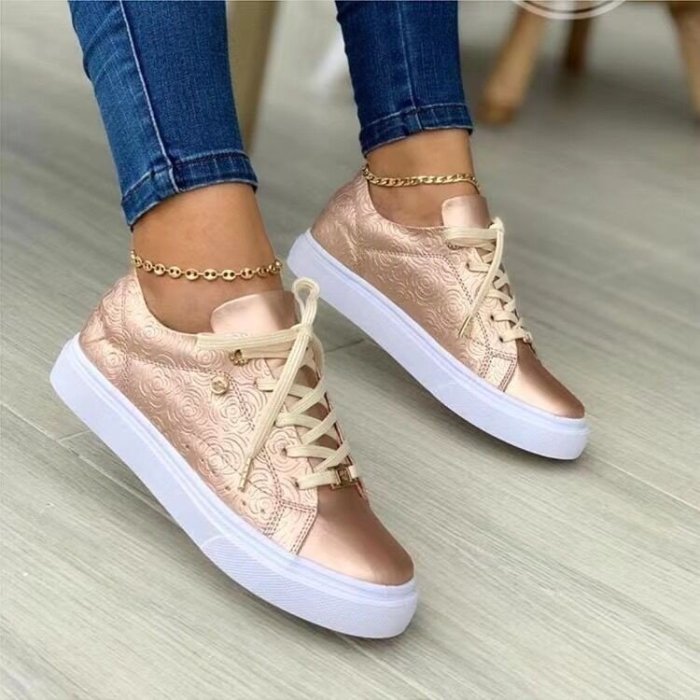 Casual Print Ladies Casual Shoes Front Lace Comfortable Breathable Upper PU Flat Sneakers