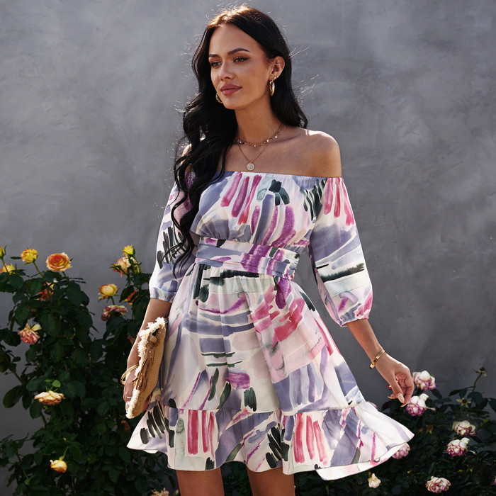 Printed Wrap Dress Women's Bow Backless Skirt Casual Dresses