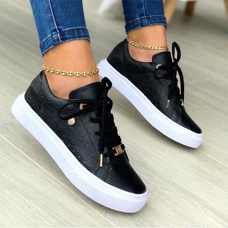 Casual Print Ladies Casual Shoes Front Lace Comfortable Breathable Upper PU Flat Sneakers