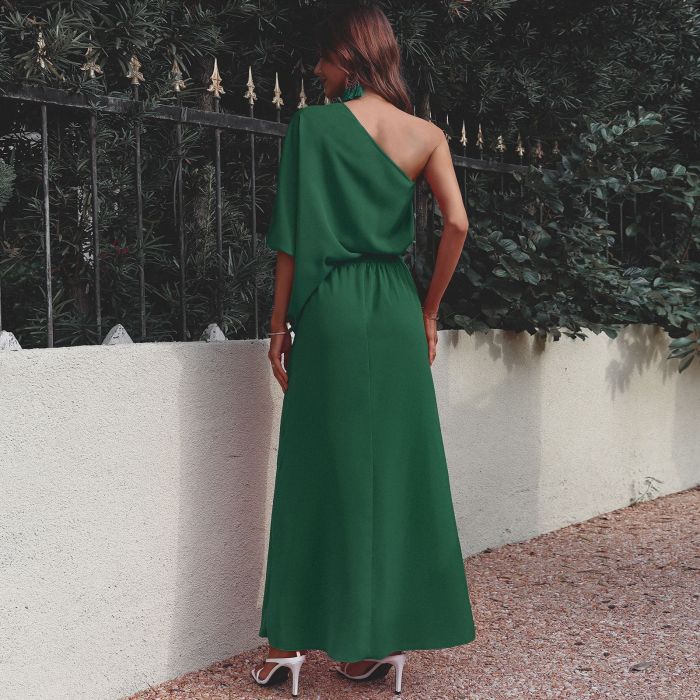 New Women's Solid Color Split Evening Dress One Shoulder Dress Maxi Dresses