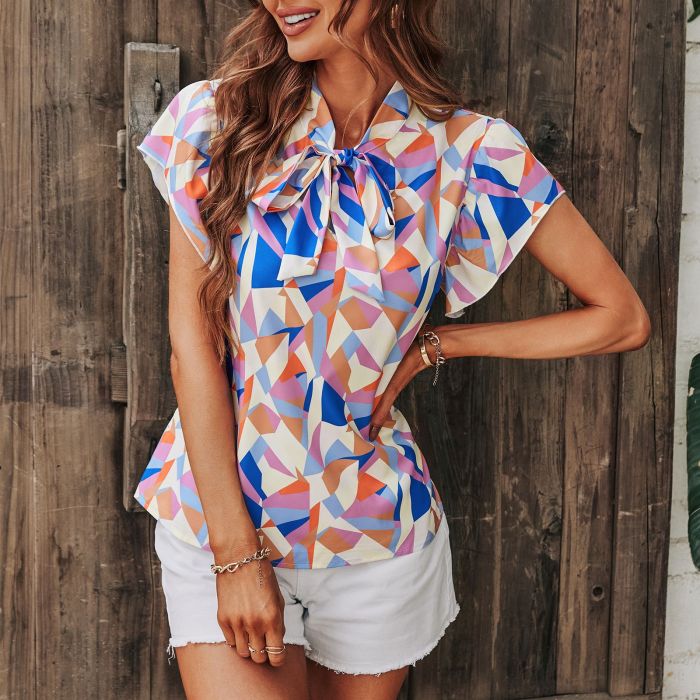 Short Sleeve Top Women's Chiffon Stand Collar Print Pullover Blouses & Shirts