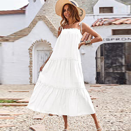 New Shoulder Strap Sleeveless Layered Pleated Sling with Maxi Dresses