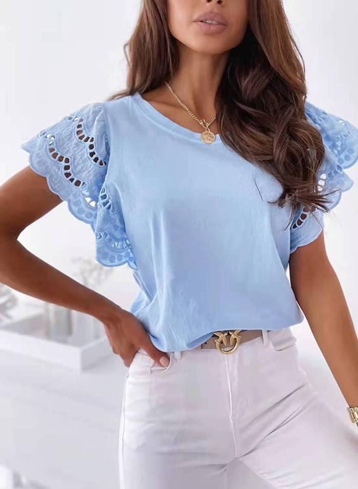 Women's Crew Neck Stitched Lace Flying Short Sleeve Top T-Shirts