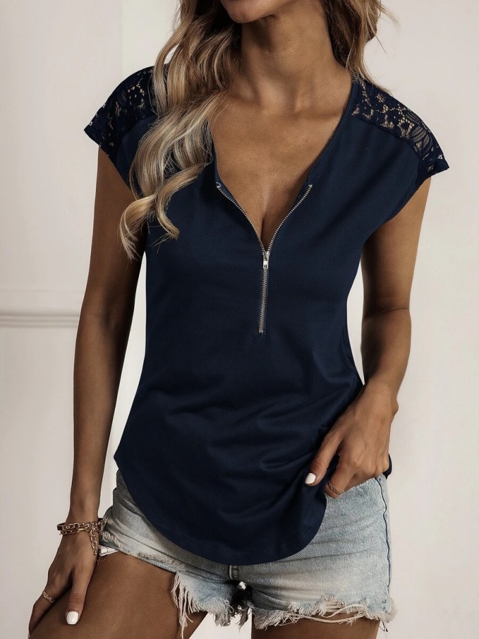 Solid Color Round Neck Half Zip Panel Lace Short Sleeve T-Shirts