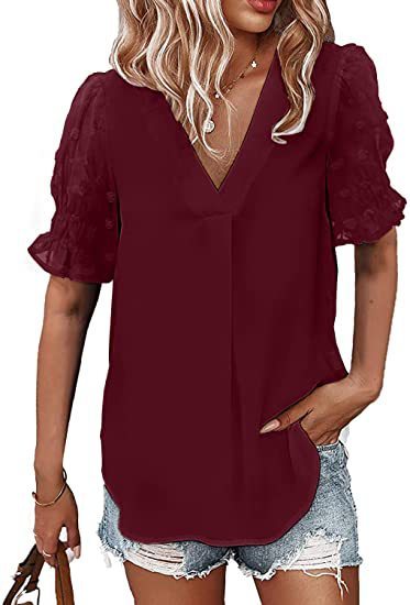 V-Neck Chiffon Shirt Fur Ball Short Sleeve Shirt Casual Loose Women Blouses & Shirts