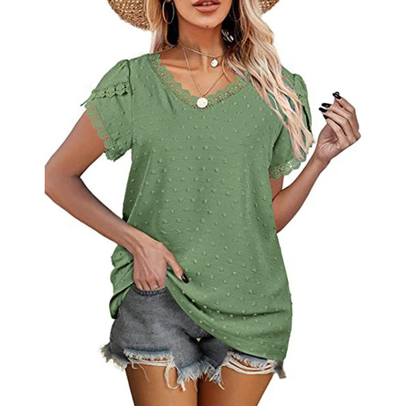 V-Neck T-Shirt Summer Lace Petal Sleeve Swiss Dot Shirt T-Shirts