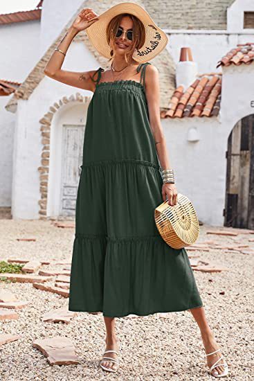 New Shoulder Strap Sleeveless Layered Pleated Sling with Maxi Dresses