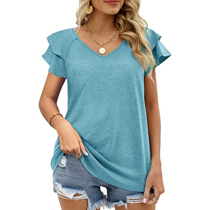 Heart Collar Double Layer Lotus Leaf Short Sleeve LadiesT-Shirts