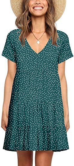 V-Neck Short Sleeve Layered Print Pocket Dress Casual Dresses