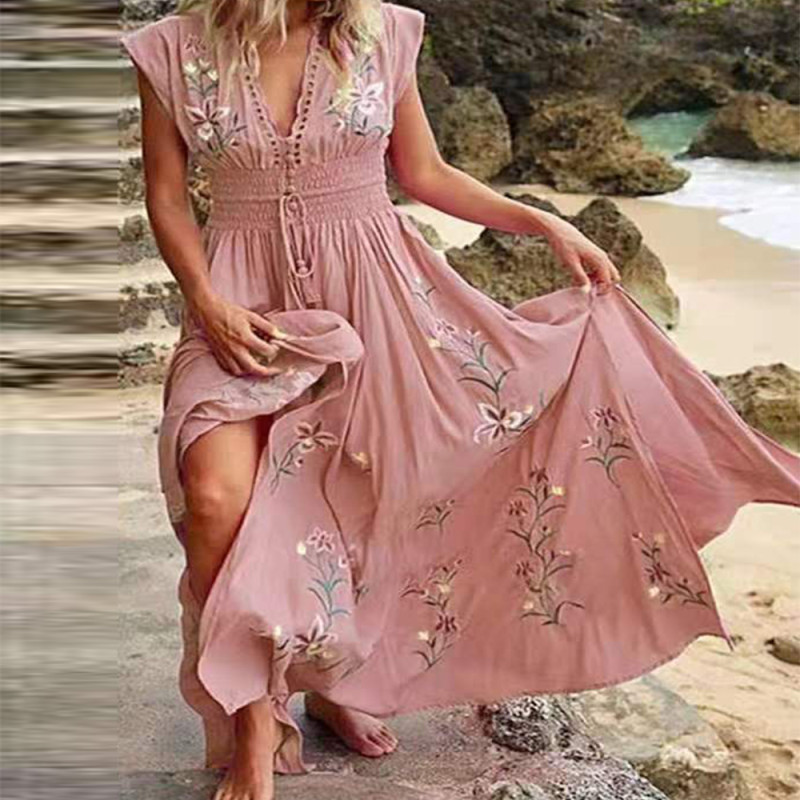 Women's V-Neck Sexy French Beach Boho Print Dress Maxi Dresses