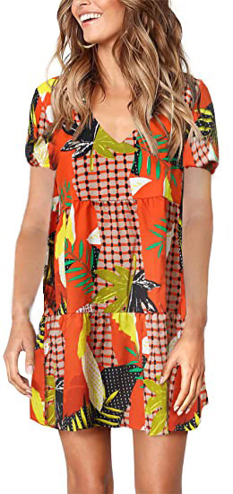 V-Neck Short Sleeve Layered Print Pocket Dress Casual Dresses