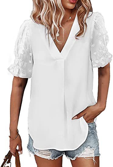 V-Neck Chiffon Shirt Fur Ball Short Sleeve Shirt Casual Loose Women Blouses & Shirts