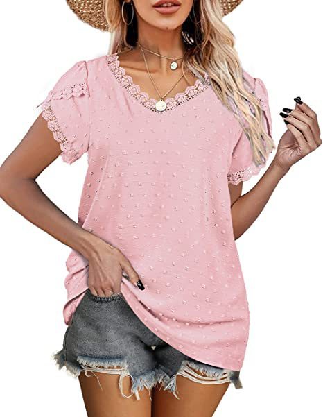 V-Neck T-Shirt Summer Lace Petal Sleeve Swiss Dot Shirt T-Shirts