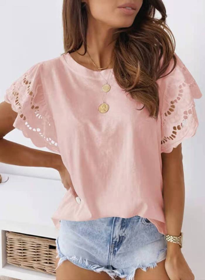 Women's Crew Neck Stitched Lace Flying Short Sleeve Top T-Shirts