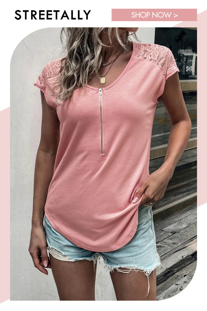 Solid Color Round Neck Half Zip Panel Lace Short Sleeve T-Shirts