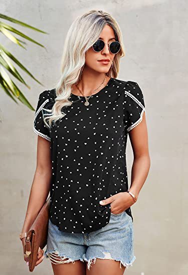 Printed Lace Crochet Short Sleeve Crew Neck Shirt Short Sleeve Top T-Shirts