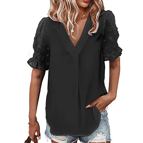 V-Neck Chiffon Shirt Fur Ball Short Sleeve Shirt Casual Loose Women Blouses & Shirts