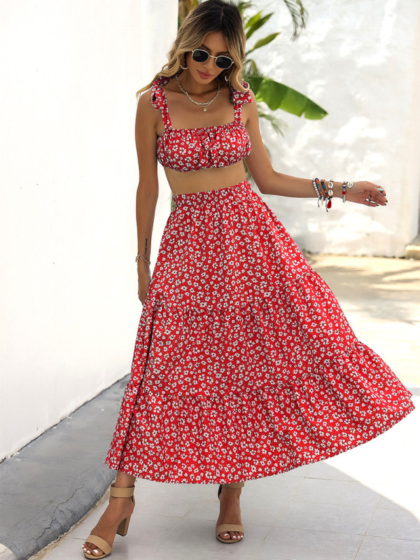 Vintage Floral Slip Dress Two-piece Fashion Vacation Two-piece Outfits