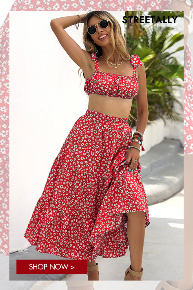 Vintage Floral Slip Dress Two-piece Fashion Vacation Two-piece Outfits