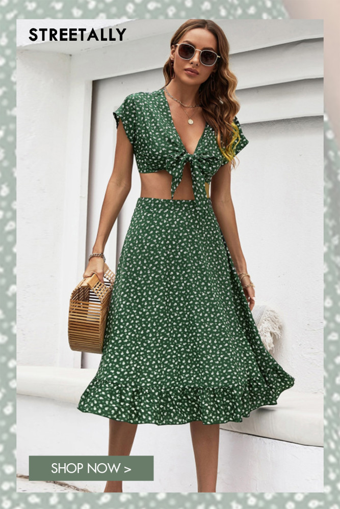 Summer Suit Floral V-neck Bow Skirt Two-piece Women's Two-piece Outfits