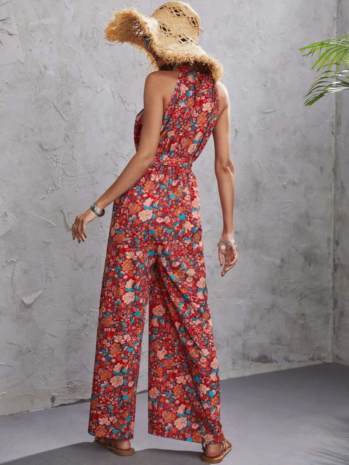 New Red Casual Print Straight Elegant Women's Jumpsuits
