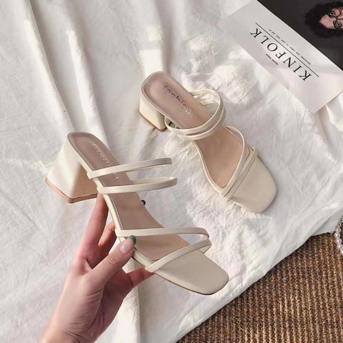 Spring New Two-wear Thin-strap Chunky-heeled Sandals French Square-toe  Heels