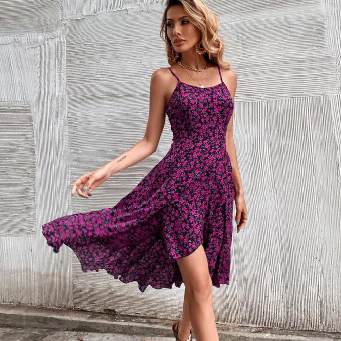 Purple Sling Print Open Back Dress New Women's Vacation Dresses