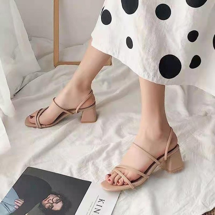 Spring New Two-wear Thin-strap Chunky-heeled Sandals French Square-toe  Heels