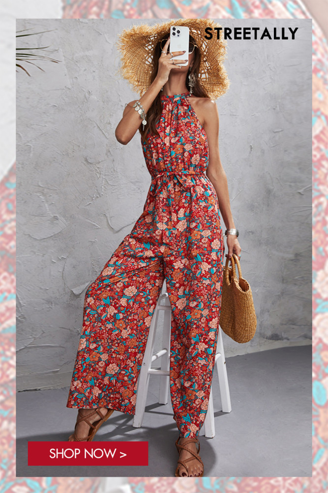 New Red Casual Print Straight Elegant Women's Jumpsuits